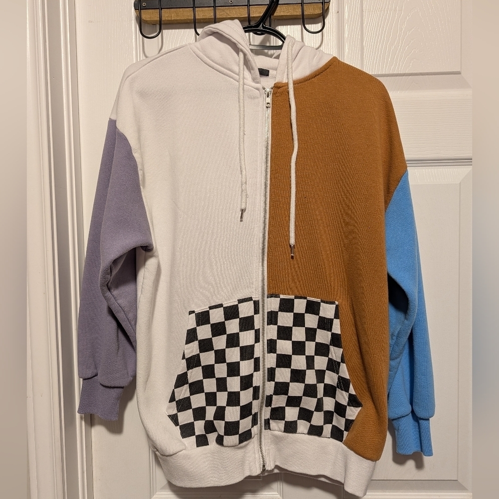 Forever 21 Colorblock Hoodie Checkered Pockets Zip Up Sweatshirt Small Oversized